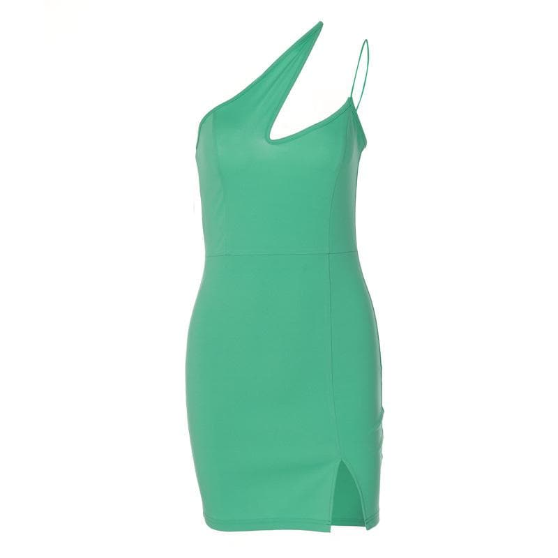 Hollow out slit solid sleeveless one shoulder backless mini dress  | red tango dress