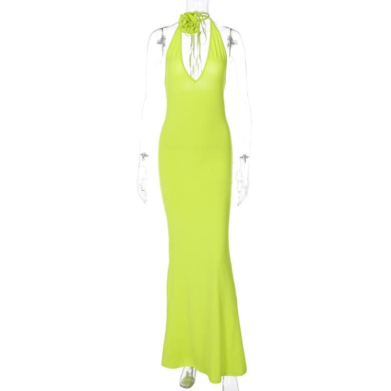 Solid v neck halter backless flower applique self tie maxi dress  | red tango dress