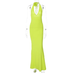 Solid v neck halter backless flower applique self tie maxi dress  | red tango dress