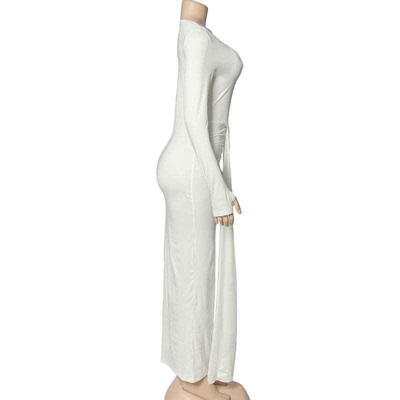 Ruched patchwork solid long sleeve round neck maxi dress