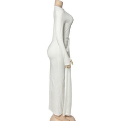 Ruched patchwork solid long sleeve round neck maxi dress