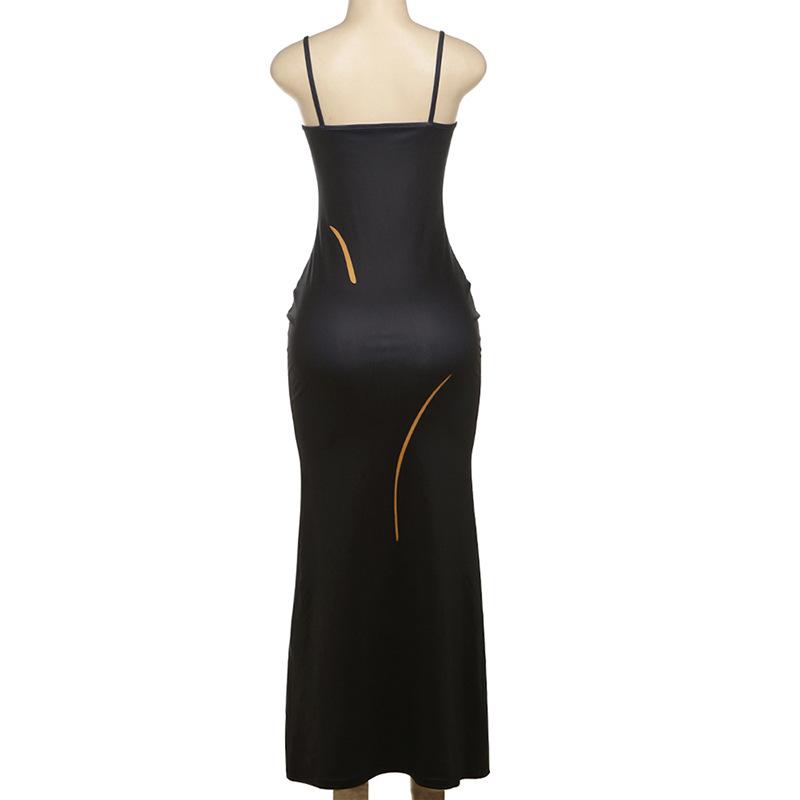 U neck body print backless contrast cami maxi dress