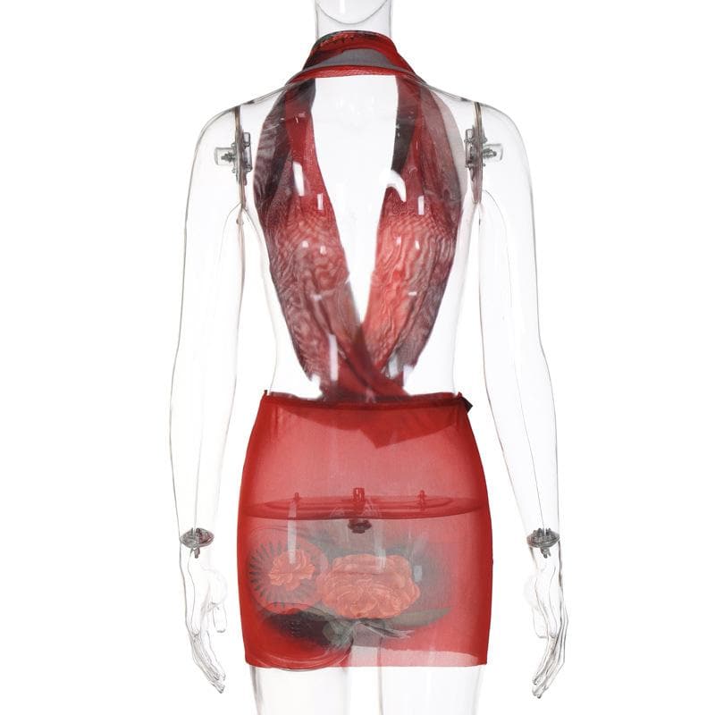 Sheer mesh see through cross front low cut halter backless mini dress  | red tango dress  | samba dress