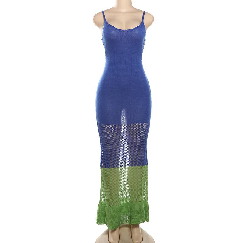 U neck knitted hollow out see through cami maxi dress