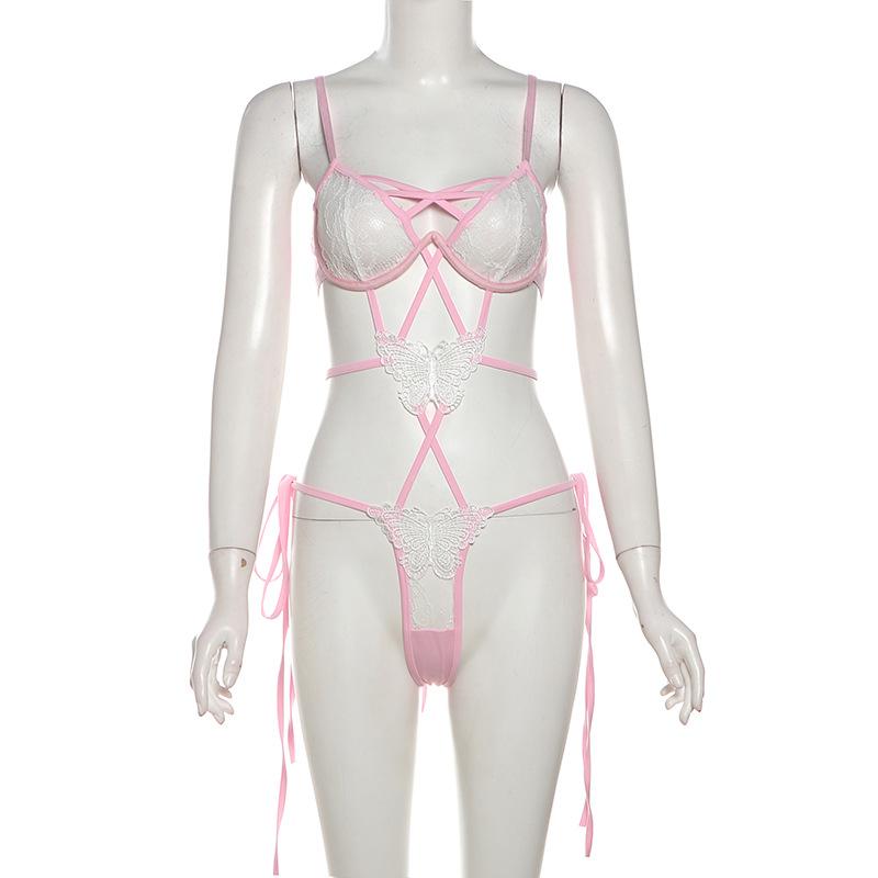 Lace butterfly pattern cross front hollow out cami bodysuit