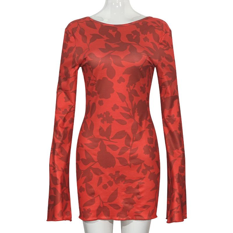 Long sleeve leopard print self tie backless mini dress