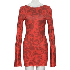 Long sleeve leopard print self tie backless mini dress