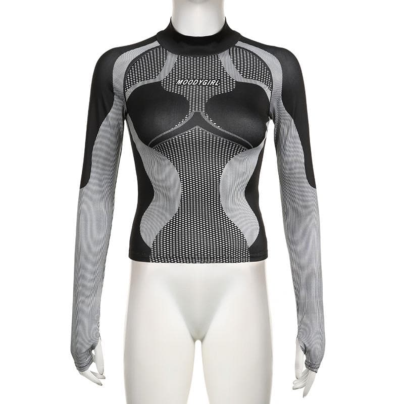 High neck long sleeve contrast print gloves top
