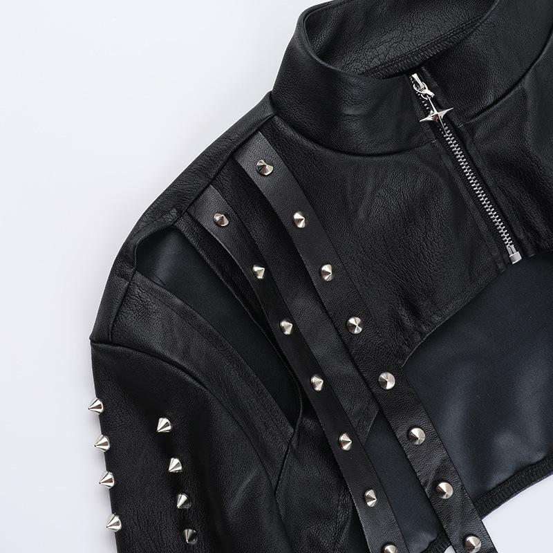 High neck PU leather zip-up hollow out shrug top