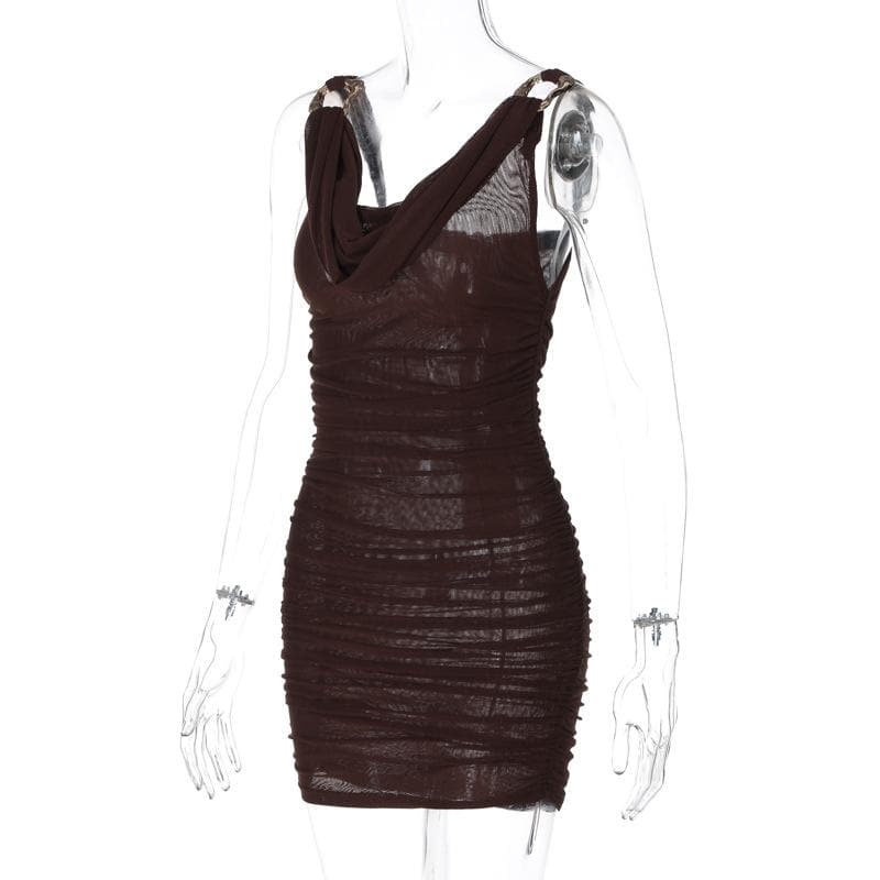 Cowl neck ruched o ring sheer mesh bowknot ribbon backless cami mini dress  | samba dress