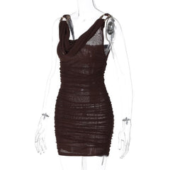 Cowl neck ruched o ring sheer mesh bowknot ribbon backless cami mini dress  | samba dress