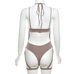 V neck cross front hollow out solid cami bodysuit