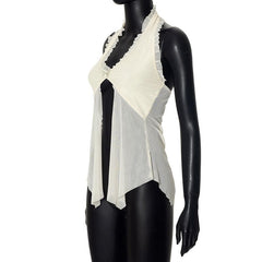Halter lace hem ruffle butterfly embroidery mesh top