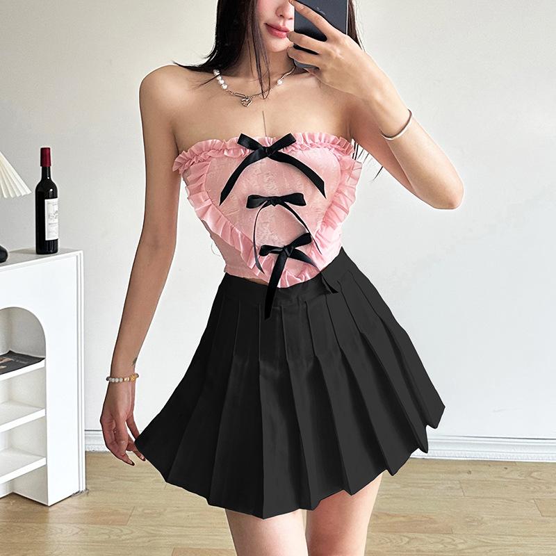 Heart pattern ruffle bowknot textured tube top