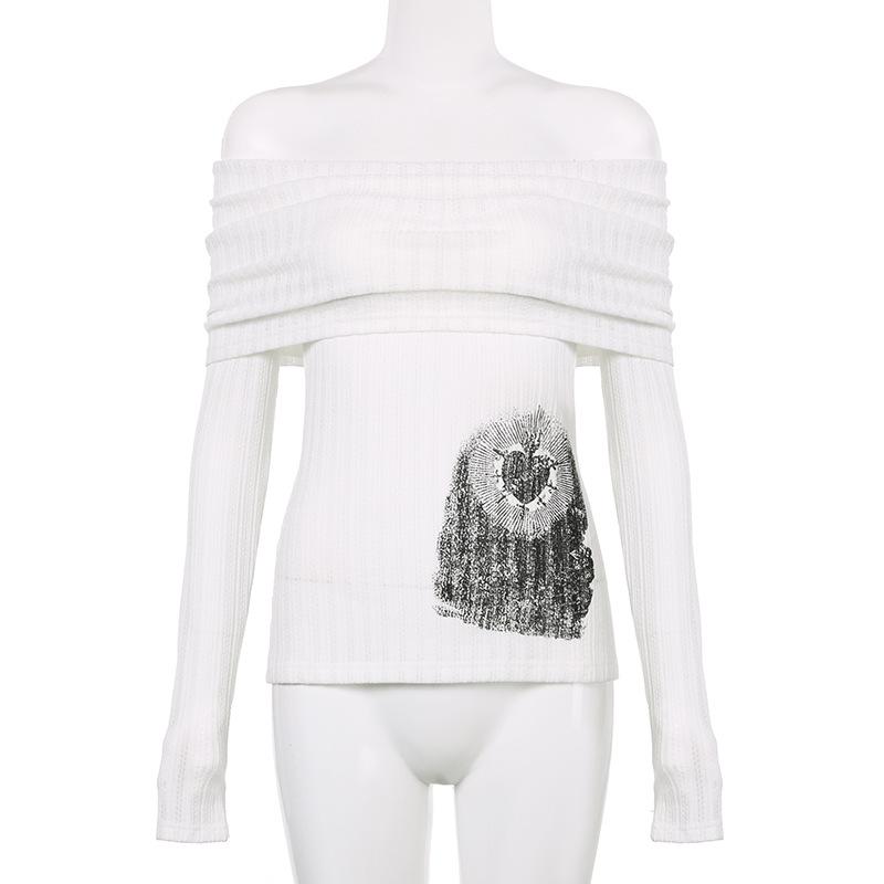 Off shoulder long sleeve ruched abstract top