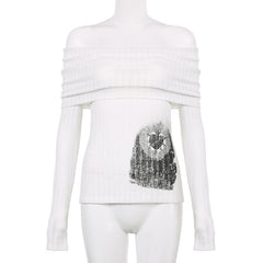 Off shoulder long sleeve ruched abstract top