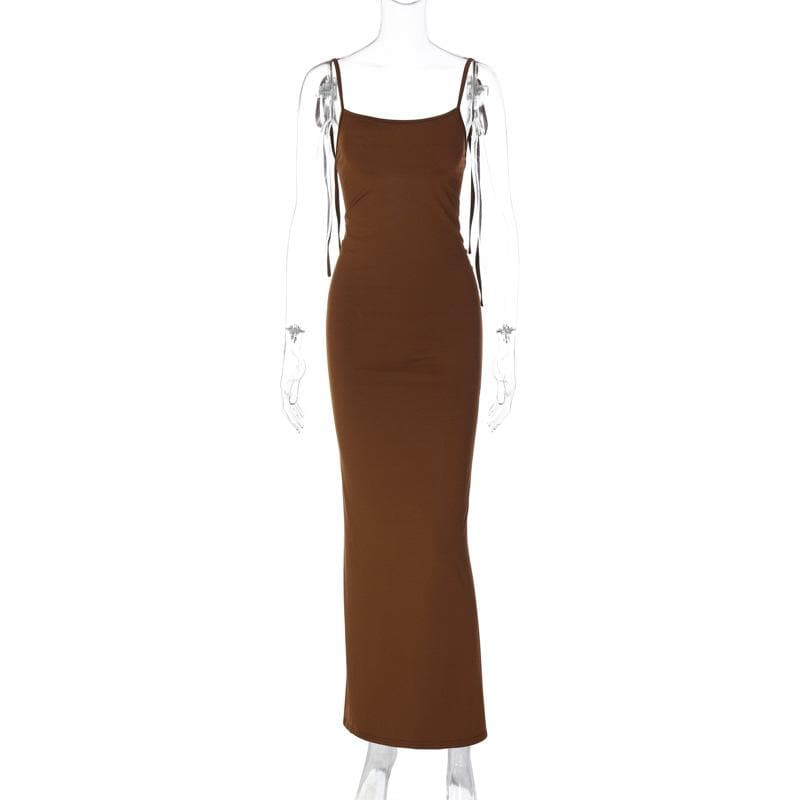 Self tie backless ruched square neck solid maxi dress