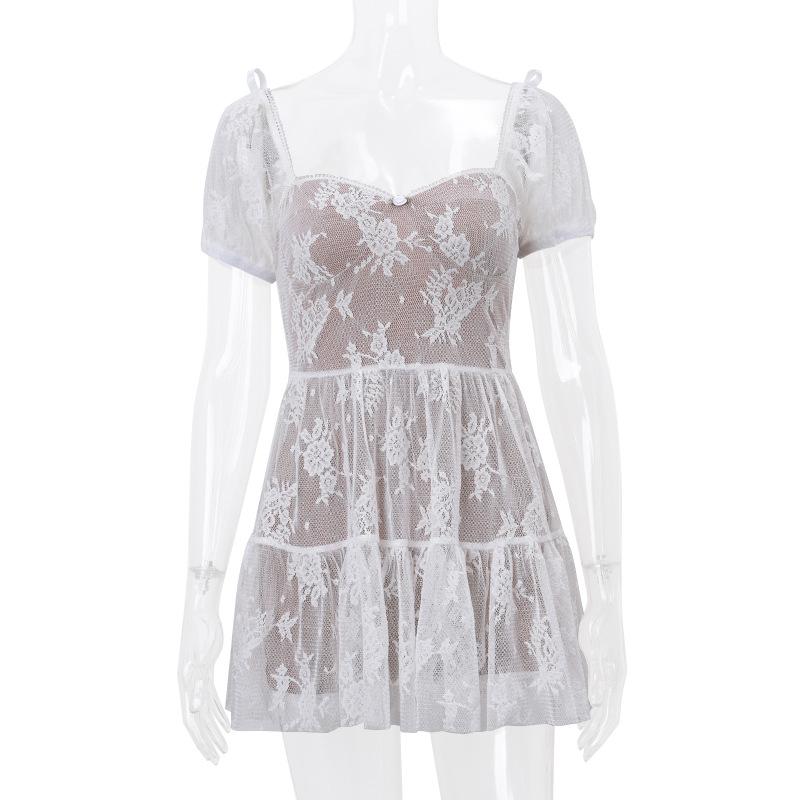 Short puff sleeve bowknot lace ruffle mini dress
