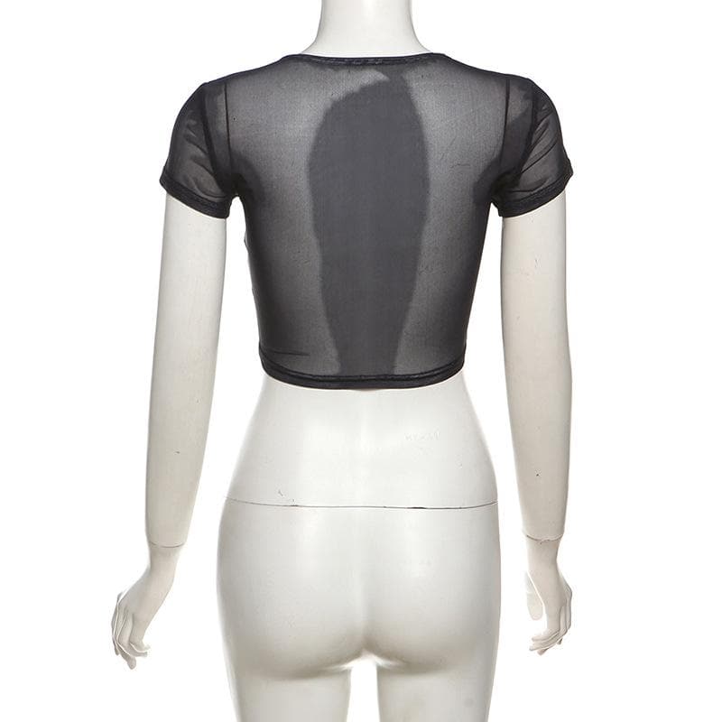Short sleeve body print sheer mesh crop top