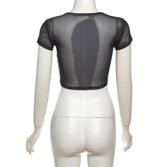 Short sleeve body print sheer mesh crop top