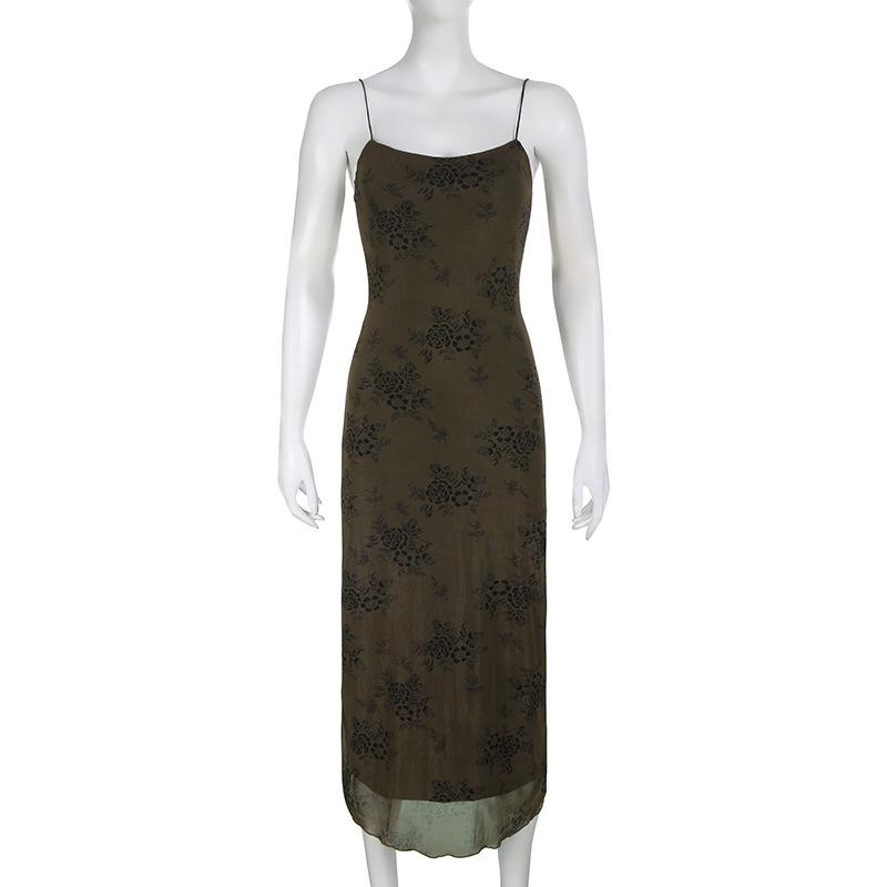 Flower print mesh zip-up cami maxi dress