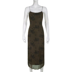 Flower print mesh zip-up cami maxi dress