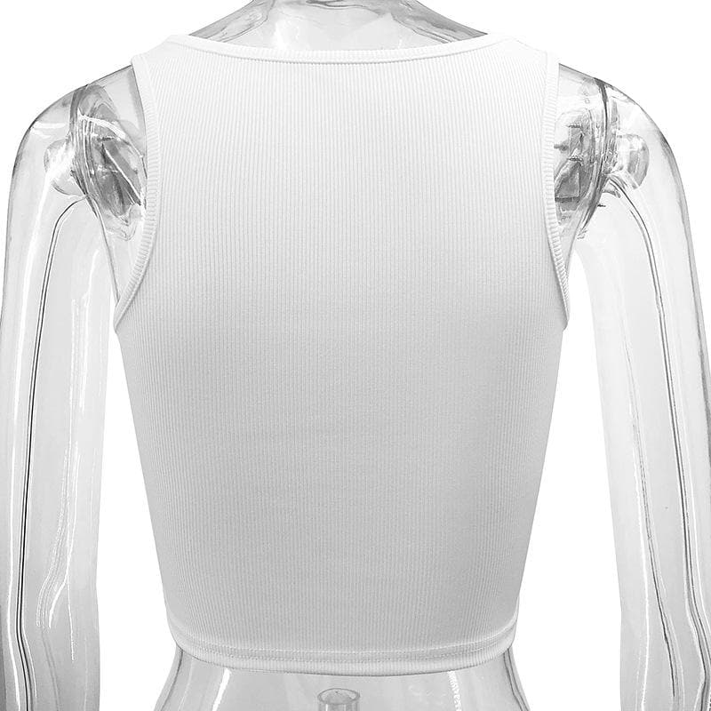 Butterfly embroidery u neck sleeveless ribbed crop top
