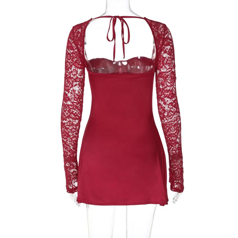 Long sleeve lace knotted ruched solid mini dress  | red tango dress