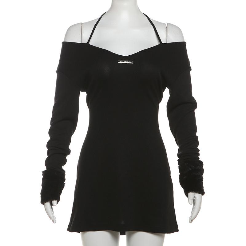Halter long sleeve off shoulder fluffy mini dress