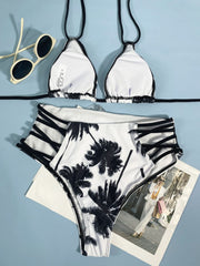 Halter contrast hollow out self tie padded bikini swimwear
