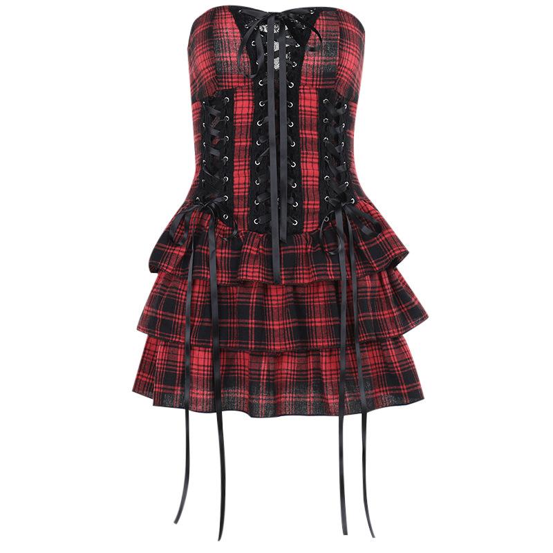 Plaid lace up self tie tube mini dress