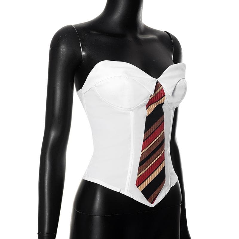 Necktie pattern contrast sweetheart neck lace up tube crop top