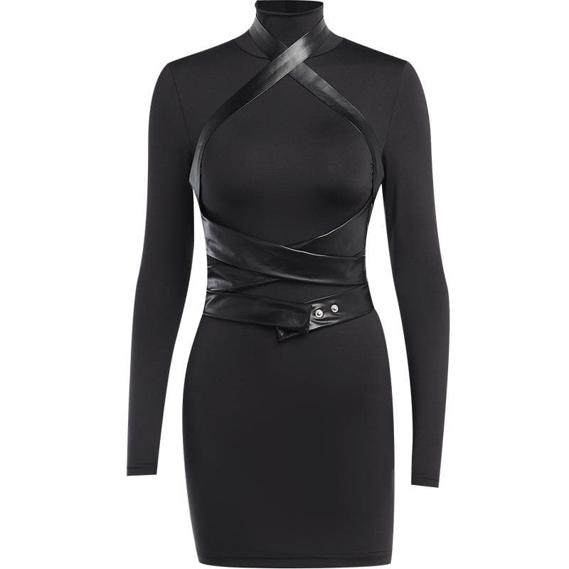 Long sleeve high neck cross front button zip-up mini dress  | black rave dress