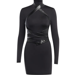 Long sleeve high neck cross front button zip-up mini dress  | black rave dress