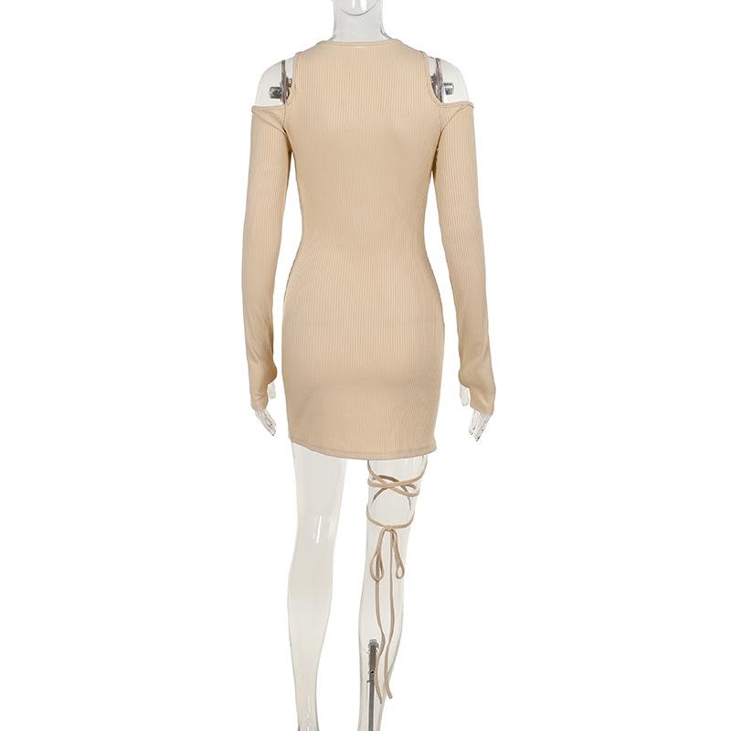 Long sleeve off shoulder knitted hollow out self tie mini dress