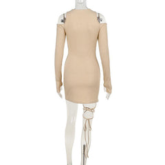 Long sleeve off shoulder knitted hollow out self tie mini dress