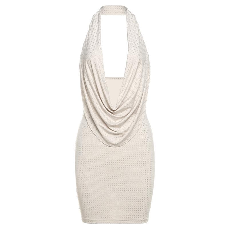Halter cowl neck beaded low cut mini dress