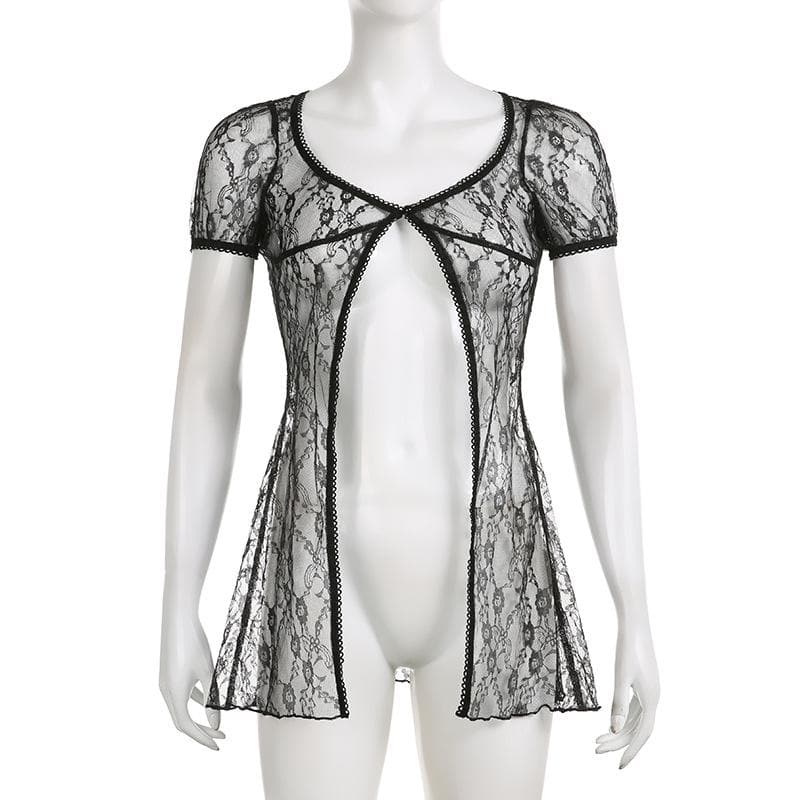 Lace short sleeve button see through ruffle solid top