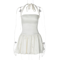 Halter ruched knotted solid mini dress