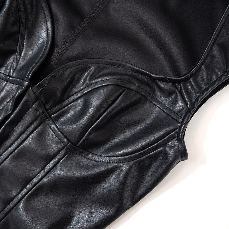Solid PU leather cap sleeve button corset low cut top
