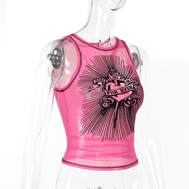 Sleeveless crewneck print sheer mesh stitch top