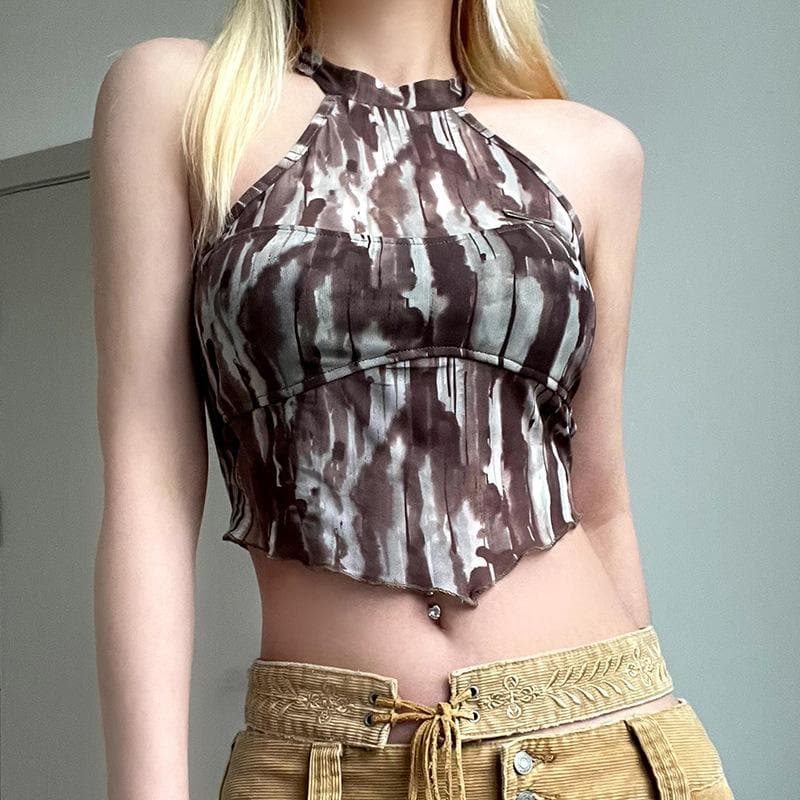 Tie dye halter metal tag contrast mesh sleeveless crop top
