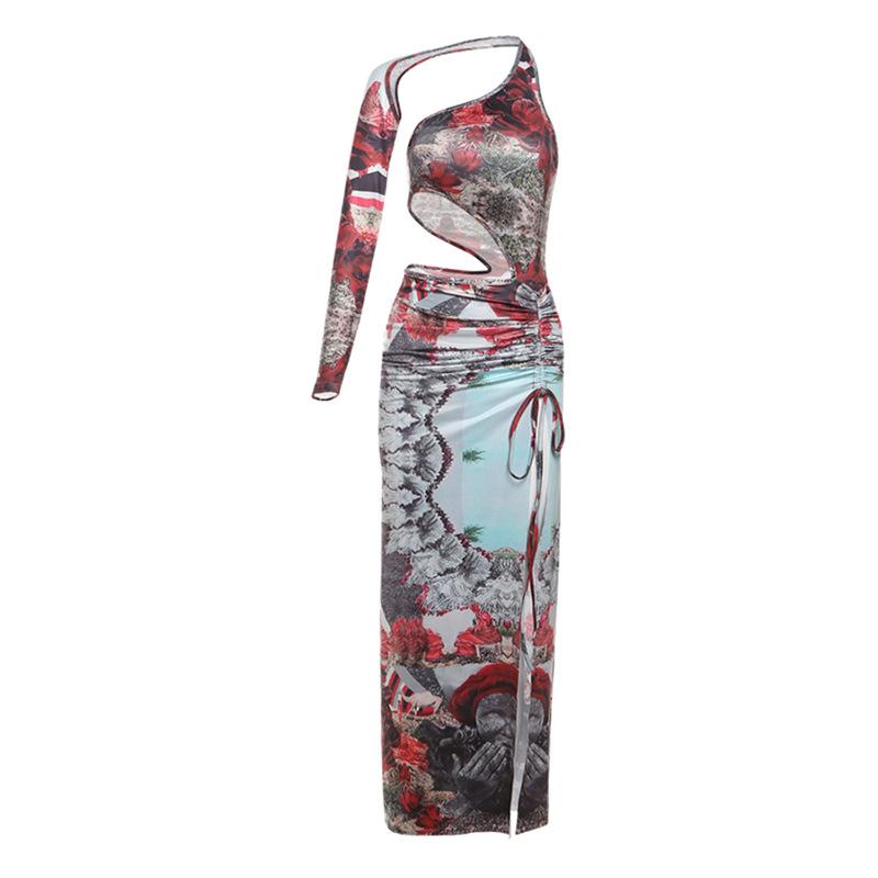 Irregular print contrast drawstring ruched high slit hollow out maxi dress  | red tango dress