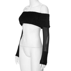 Long sleeve off shoulder ribbed patchwork mesh crop top