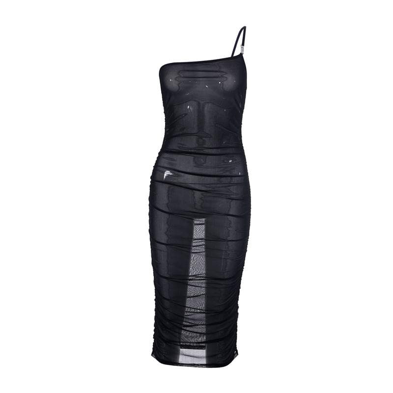 Sheer mesh see through one shoulder ruched irregular midi dress  | samba dress