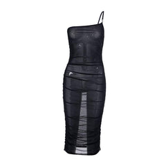 Sheer mesh see through one shoulder ruched irregular midi dress  | samba dress