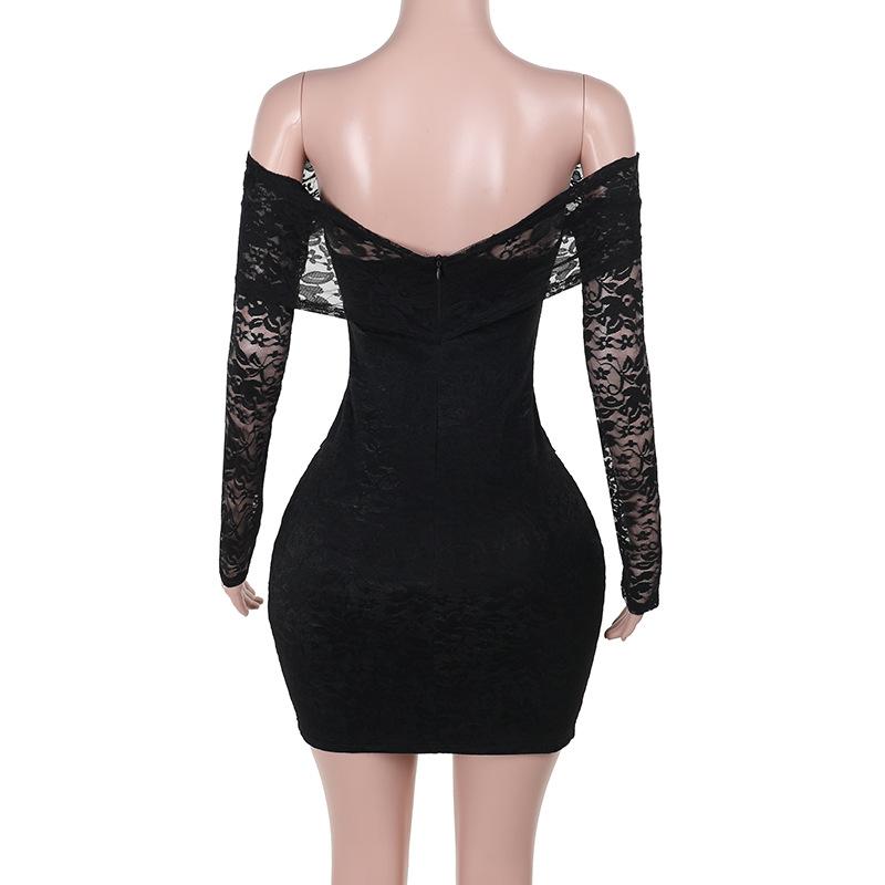 Off shoulder long sleeve o ring lace hollow out mini dress