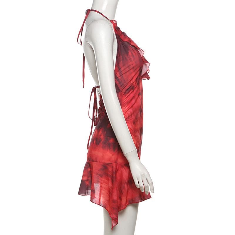 Halter ruched tie dye ruffle backless mini dress  | red tango dress