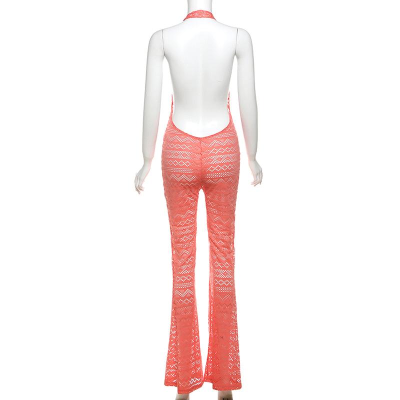 Halter low cut hollow out see through backless jumpsuit