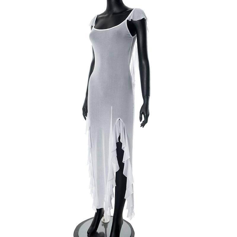 Sheer mesh see through backless ruffle slit cap sleeve maxi dress  | samba dress